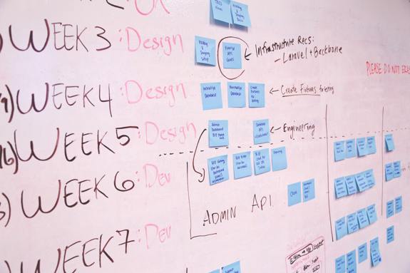 Week-by-week planning with sticky notes on whiteboard. 